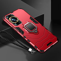 Custodia Silicone e Plastica Opaca Cover con Magnetico Anello Supporto R01 per Huawei P60 Pro Rosso