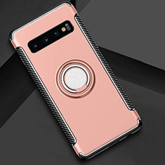Custodia Silicone e Plastica Opaca Cover con Magnetico Anello Supporto R01 per Samsung Galaxy S10 Plus Oro Rosa