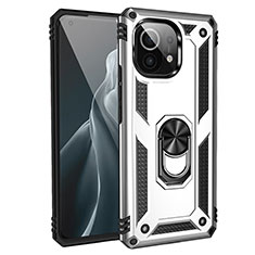 Custodia Silicone e Plastica Opaca Cover con Magnetico Anello Supporto R01 per Xiaomi Mi 11 5G Argento