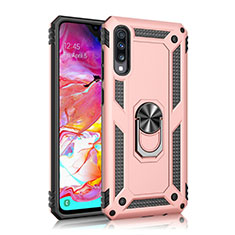 Custodia Silicone e Plastica Opaca Cover con Magnetico Anello Supporto R02 per Samsung Galaxy A70 Oro Rosa