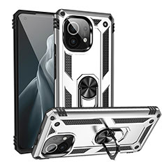 Custodia Silicone e Plastica Opaca Cover con Magnetico Anello Supporto R02 per Xiaomi Mi 11 Lite 4G Argento