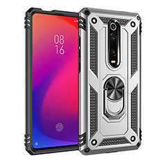 Custodia Silicone e Plastica Opaca Cover con Magnetico Anello Supporto R02 per Xiaomi Mi 9T Pro Argento