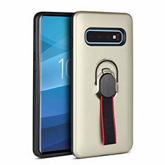 Custodia Silicone e Plastica Opaca Cover con Magnetico Anello Supporto R03 per Samsung Galaxy S10 Oro