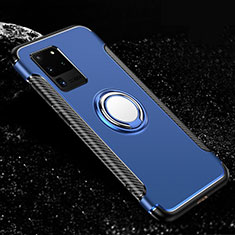 Custodia Silicone e Plastica Opaca Cover con Magnetico Anello Supporto R03 per Samsung Galaxy S20 Ultra 5G Blu
