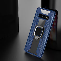 Custodia Silicone e Plastica Opaca Cover con Magnetico Anello Supporto R04 per Samsung Galaxy S10 Plus Blu