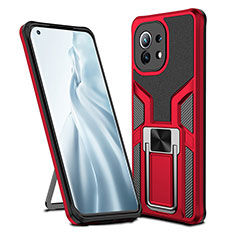 Custodia Silicone e Plastica Opaca Cover con Magnetico Anello Supporto R04 per Xiaomi Mi 11 Lite 4G Rosso