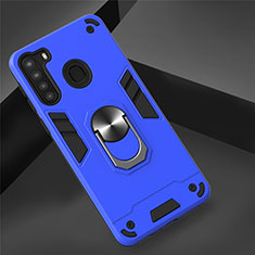 Custodia Silicone e Plastica Opaca Cover con Magnetico Anello Supporto S01 per Samsung Galaxy A21 Blu