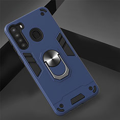 Custodia Silicone e Plastica Opaca Cover con Magnetico Anello Supporto S01 per Samsung Galaxy A21 Blu Notte