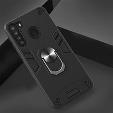 Custodia Silicone e Plastica Opaca Cover con Magnetico Anello Supporto S01 per Samsung Galaxy A21 Nero