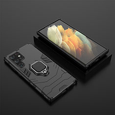 Custodia Silicone e Plastica Opaca Cover con Magnetico Anello Supporto S01 per Samsung Galaxy S21 Ultra 5G Nero