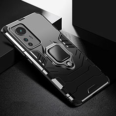 Custodia Silicone e Plastica Opaca Cover con Magnetico Anello Supporto S01 per Xiaomi Mi 12S Pro 5G Nero