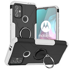 Custodia Silicone e Plastica Opaca Cover con Magnetico Anello Supporto S02 per Motorola Moto G10 Bianco