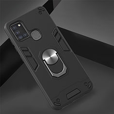 Custodia Silicone e Plastica Opaca Cover con Magnetico Anello Supporto S02 per Samsung Galaxy A21s Nero