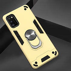 Custodia Silicone e Plastica Opaca Cover con Magnetico Anello Supporto S02 per Samsung Galaxy A41 Oro