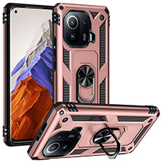 Custodia Silicone e Plastica Opaca Cover con Magnetico Anello Supporto S04 per Xiaomi Mi 11 Pro 5G Oro Rosa