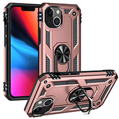Custodia Silicone e Plastica Opaca Cover con Magnetico Anello Supporto S05 per Apple iPhone 13 Mini Oro Rosa