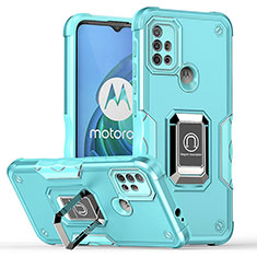 Custodia Silicone e Plastica Opaca Cover con Magnetico Anello Supporto S05 per Motorola Moto G10 Ciano