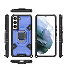 Custodia Silicone e Plastica Opaca Cover con Magnetico Anello Supporto S07 per Samsung Galaxy S21 5G Blu
