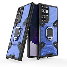 Custodia Silicone e Plastica Opaca Cover con Magnetico Anello Supporto S07 per Samsung Galaxy S21 Ultra 5G Blu