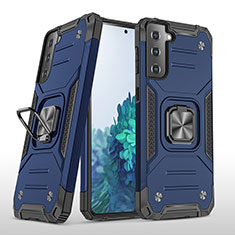 Custodia Silicone e Plastica Opaca Cover con Magnetico Anello Supporto T04 per Samsung Galaxy S21 5G Blu