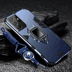 Custodia Silicone e Plastica Opaca Cover con Magnetico Anello Supporto T06 per Samsung Galaxy S21 Ultra 5G Blu