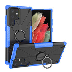 Custodia Silicone e Plastica Opaca Cover con Magnetico Anello Supporto T08 per Samsung Galaxy S22 Ultra 5G Blu