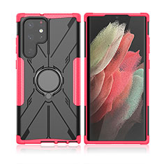 Custodia Silicone e Plastica Opaca Cover con Magnetico Anello Supporto T09 per Samsung Galaxy S22 Ultra 5G Rosa Caldo