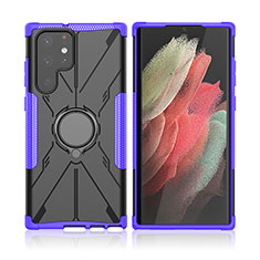 Custodia Silicone e Plastica Opaca Cover con Magnetico Anello Supporto T09 per Samsung Galaxy S22 Ultra 5G Viola