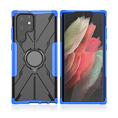 Custodia Silicone e Plastica Opaca Cover con Magnetico Anello Supporto T09 per Samsung Galaxy S23 Ultra 5G Blu