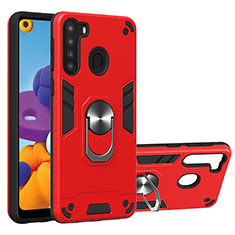 Custodia Silicone e Plastica Opaca Cover con Magnetico Anello Supporto Y01B per Samsung Galaxy A21 Rosso