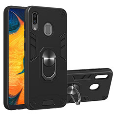 Custodia Silicone e Plastica Opaca Cover con Magnetico Anello Supporto Y01B per Samsung Galaxy A30 Nero