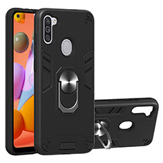 Custodia Silicone e Plastica Opaca Cover con Magnetico Anello Supporto Y01B per Samsung Galaxy M11 Nero