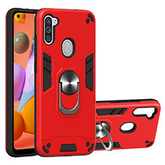 Custodia Silicone e Plastica Opaca Cover con Magnetico Anello Supporto Y01B per Samsung Galaxy M11 Rosso