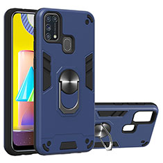 Custodia Silicone e Plastica Opaca Cover con Magnetico Anello Supporto Y01B per Samsung Galaxy M31 Blu