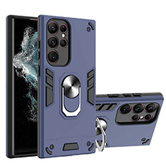 Custodia Silicone e Plastica Opaca Cover con Magnetico Anello Supporto Y01B per Samsung Galaxy S21 Ultra 5G Blu