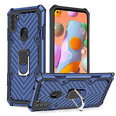Custodia Silicone e Plastica Opaca Cover con Magnetico Anello Supporto YF1 per Samsung Galaxy A11 Blu