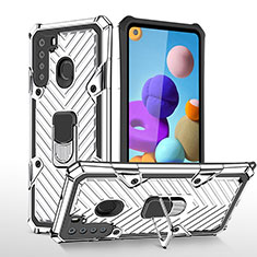 Custodia Silicone e Plastica Opaca Cover con Magnetico Anello Supporto YF1 per Samsung Galaxy A21 Argento