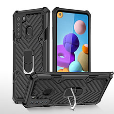 Custodia Silicone e Plastica Opaca Cover con Magnetico Anello Supporto YF1 per Samsung Galaxy A21 Nero