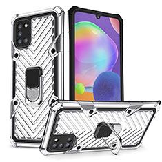 Custodia Silicone e Plastica Opaca Cover con Magnetico Anello Supporto YF1 per Samsung Galaxy A31 Argento