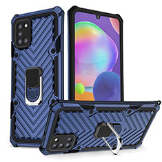 Custodia Silicone e Plastica Opaca Cover con Magnetico Anello Supporto YF1 per Samsung Galaxy A31 Blu