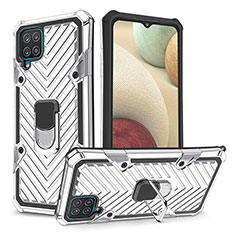 Custodia Silicone e Plastica Opaca Cover con Magnetico Anello Supporto YF1 per Samsung Galaxy F12 Argento