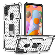 Custodia Silicone e Plastica Opaca Cover con Magnetico Anello Supporto YF1 per Samsung Galaxy M11 Argento