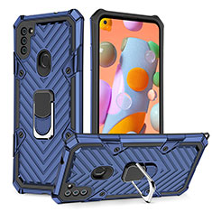 Custodia Silicone e Plastica Opaca Cover con Magnetico Anello Supporto YF1 per Samsung Galaxy M11 Blu