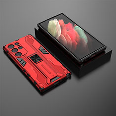 Custodia Silicone e Plastica Opaca Cover con Magnetico Supporto A01 per Samsung Galaxy S21 Ultra 5G Rosso