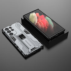 Custodia Silicone e Plastica Opaca Cover con Magnetico Supporto A01 per Samsung Galaxy S22 Ultra 5G Grigio