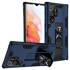 Custodia Silicone e Plastica Opaca Cover con Magnetico Supporto A04 per Samsung Galaxy S21 Ultra 5G Blu