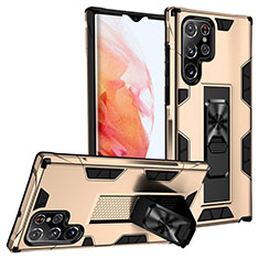Custodia Silicone e Plastica Opaca Cover con Magnetico Supporto A04 per Samsung Galaxy S21 Ultra 5G Oro