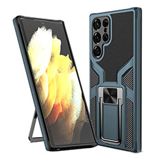 Custodia Silicone e Plastica Opaca Cover con Magnetico Supporto A05 per Samsung Galaxy S21 Ultra 5G Ciano
