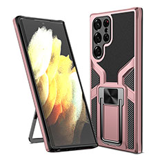 Custodia Silicone e Plastica Opaca Cover con Magnetico Supporto A05 per Samsung Galaxy S21 Ultra 5G Oro Rosa