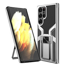 Custodia Silicone e Plastica Opaca Cover con Magnetico Supporto A05 per Samsung Galaxy S23 Ultra 5G Argento